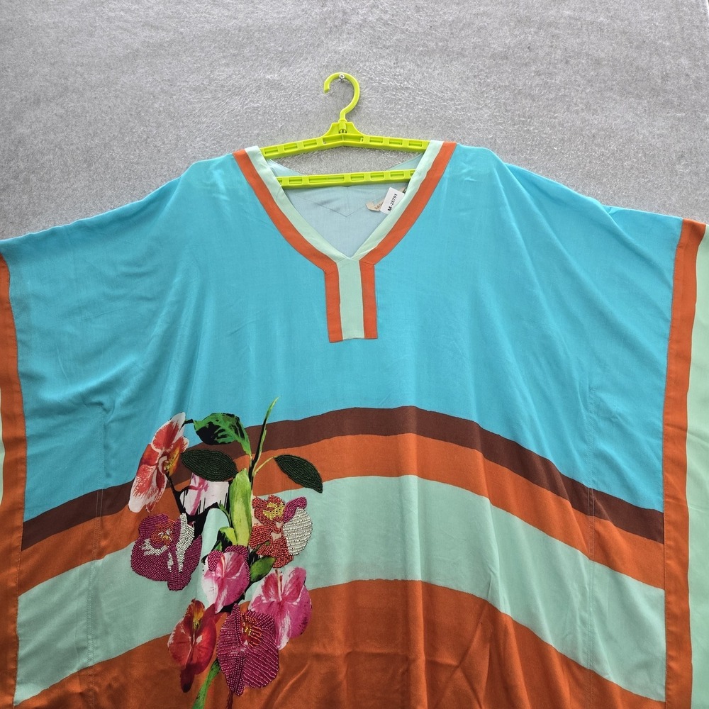 Soft Surroundings Women Poncho PL/PXL Turquoise Striped Kaftan Beach Cover Up - Picture 4 of 8